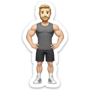 Full height Pale skinned muscular man With Realistic eyes and mouth, light brown hair and stubble In dark gray sleeveless mike, black oversize sports shorts, watch and white sneakers. sticker