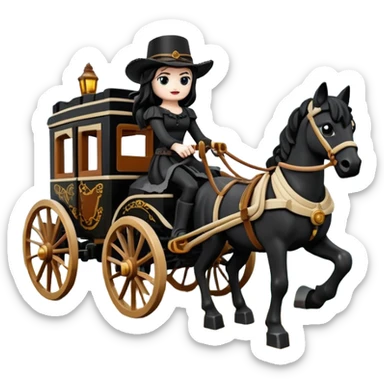  Rustic all black Lego antique wood detailed 1854 pretty dark-haired Catgirl driving a huge horse-drawn fancy French stagecoach Caravan on a bumpy scary ghost trail in the woods  sticker