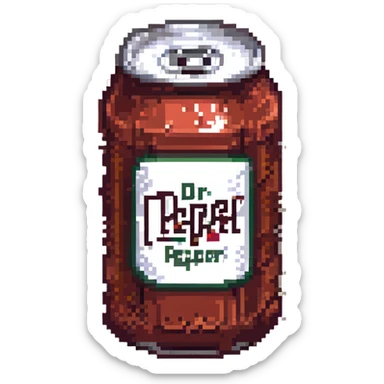 Add a vintage Dr Pepper label to this pixel art soda can, keep retro video game feel, with no background. sticker