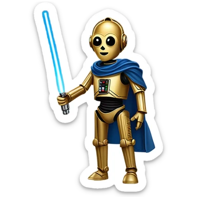 darkblue-pearl friendly smiling bounty hunter c3po droid wearing leather duster, backpack, saddlebags and light saber ready to fight at ease. steampunk sticker