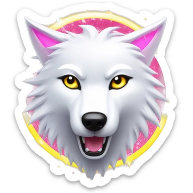 Lightning running sparkling glitter white wolf snarling huge eyes sun halo black white pink red yellow sticker
