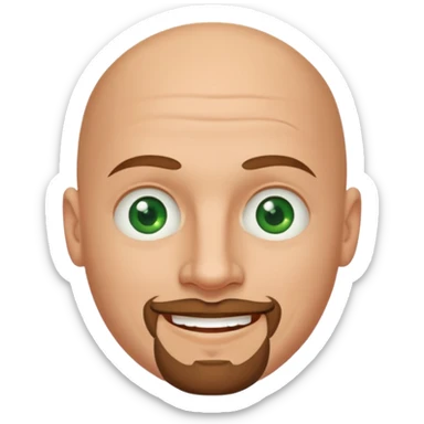 white caucasian bald man's face, with brown goatee and green eyes, oval face, rounded, big sticker