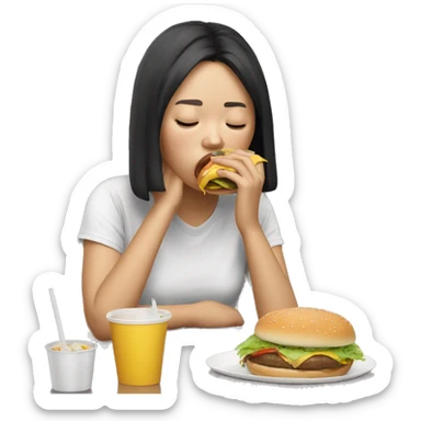 Hungover asian girl eating a burger sticker