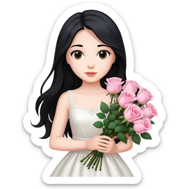 A beautiful girl with long black hair and a white dress is holding a bouquet of pink roses sticker