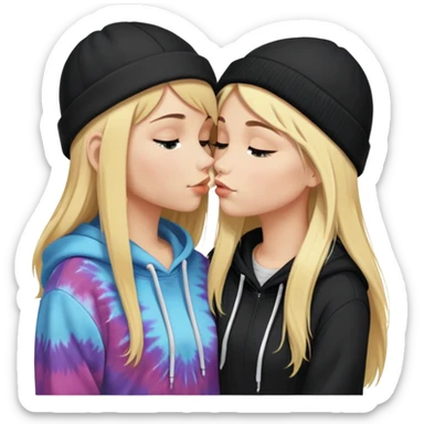 Short brunette haired white girl in a hoodie and a black beanie kissing a tall short long blonde haired girl wearing a black beanie and a tiedye hoodie. make ther brunette shorter than the blonde sticker