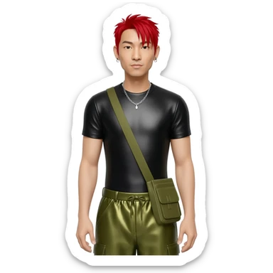 Mike Shinoda with red hair, black metallic T-shirt, olive metallic baggy pants, silver necklace sticker