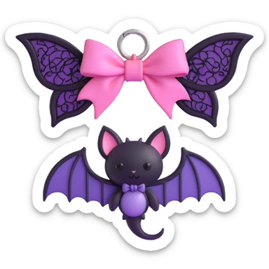 3D emoji style pink bow with gothic effect, ombre pink to purple, black lace edges, and silver bat charm sticker