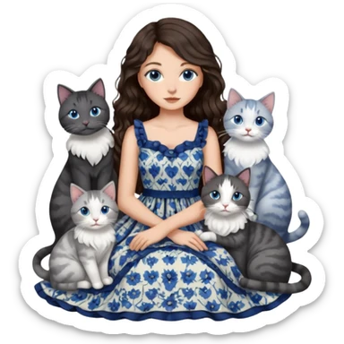 detailed realistic looking a dark grey and white cat regally sitting with six other cats, cuddling with their owner who is a pretty bratz lightly tanned white girl with long dark brown hair, blue eyes and gorgeous long wavy hair wearing a pretty detailed dress sticker