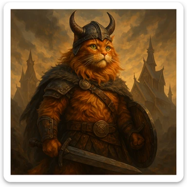epic ginger cat Viking, Valhalla, heroic pose, Norse mythology atmosphere, fantasy style sticker