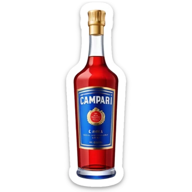 A tall red Campari bottle with a gold cap, bold blue-and-white label, and textured ridged glass at the bottom. Glossy, elegant, iconic look. sticker