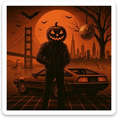 Add a disco ball hanging from the tree and small dinosaurs in the water.  make the cityscape of San Francisco including Coit Tower, TransAmerican Building.  sticker