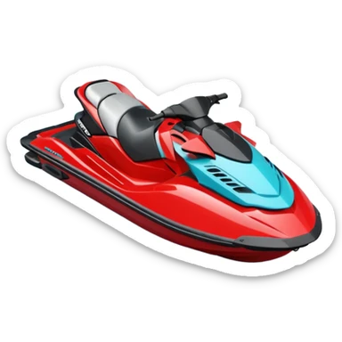 jet ski (red black and white all in the same amount. maybe a red a bit more dominant) on the sea. show the sea under the jet ski - blue with turquoise. no sky - white background instead. DO NOT REMOVE THE SEA AND THE WHITE WHEN FINALIZING!  NO ONE ON THE JET SKI  sticker