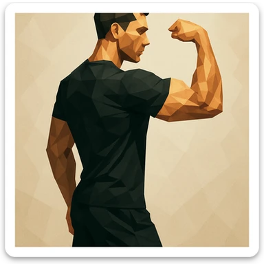Athletic man in black shorts and black t-shirt stands sideways and shows biceps sticker