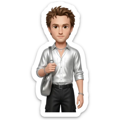 Robert Pattinson with hazel eyes, brown hair, white metallic shirt, black metallic baggy pants, silver necklace sticker
