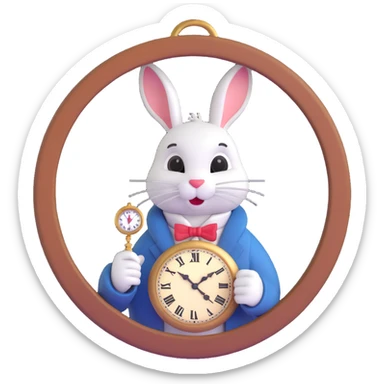 Alice in Wonderland white rabbit peeking out of a hole, holding a pocket watch, playful and magical design emoji sticker