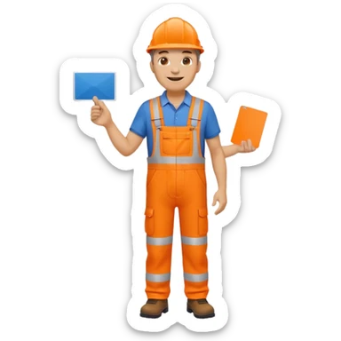 mature engineer hi-vis orange overalls standing full body holding a card sticker