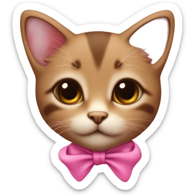 Little brown kitten with a pink ribbon around its neck, with big brown eyes and pink toungue sticker
