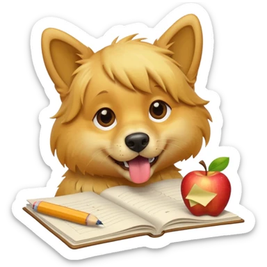 playful dog munching on homework, paper scraps falling from mouth, apple style emoji sticker