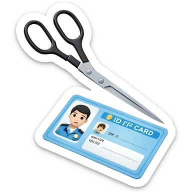Floating black Scissors cutting a light blue idf ID card in 2 parts .hyper realistic sticker