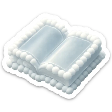 top view of a thick open book made entirely of small, very bright white fluffy convex clouds, matte glass style sticker
