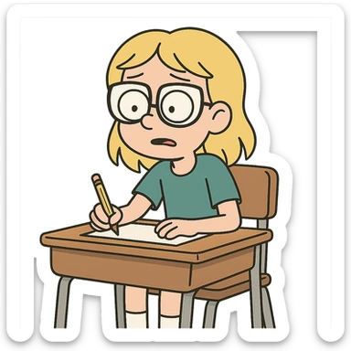 6th grade girl with blonde hair and glasses, sitting at a desk, cartoon style sticker