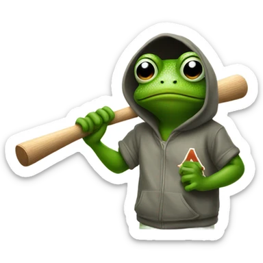 Frog holding a baseball bat with a hoodie on sticker