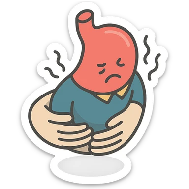 close-up of a sick stomach in clothing with hands holding the stomach, waves showing pain, detailed shadows and highlights, no face or legs, only stomach in clothing, hands and visualization of pain, transparent background sticker