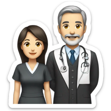 husband american age 64 dark brown hair trimmed beard wearing a business suit holding a bible, wife asian age 64 black shoulder length hair wearing nurse uniform, no children sticker