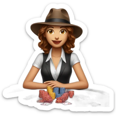 female with brown wavy hair playing poker with a poker dealer hat sticker