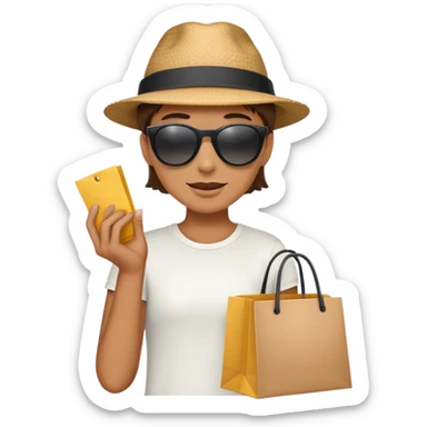 mystery shopper wearing sunglasses and a hat, holding a shopping bag sticker