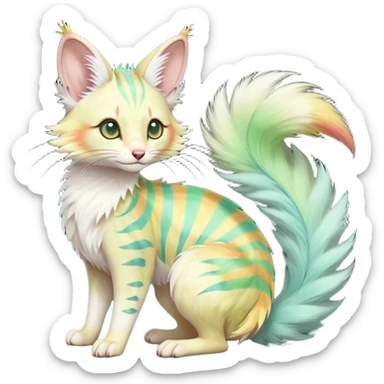  cute adorable yellow-green-turquoise-gradients albino fur with random colorful iridescent rainbow markings beautiful elegant pretty precious cute  Fakémon-Pokémon-opossum-feline-serval-caracal-chinchilla-Minccino-hybrid-creature with a big fluffy bushy striped tail (full body) sticker
