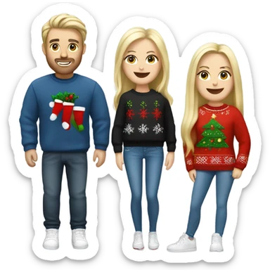 White couple,man with blach hair, blonde hair woman, with christmas jumper and jeans and sneaker sticker