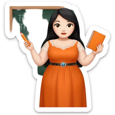  plus-size White woman is wearing makeup. She has long, straight, waist-length black hair and is wearing a full-body orange dress with rhinestones and lace. Her nails are painted orange. She is holding a book in one hand and a crayon in the other. A chalkboard is behind her. sticker