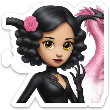 provocatively  Lavish black evening gown with see-through gloves, Jenna Ortega as Addams woman prom queen wearing a mini tiara, very large blood  pink evil-looking horned old dragon bike sticker