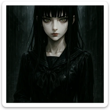 EchoMoon, silent mysterious anime girl, long black hair, sharp bangs, pale skin, amber green eyes, cold beauty, wet black school uniform, gloves, standing in rain, cinematic noir atmosphere, dramatic shadows, gothic shoujo, ultra-detailed sticker