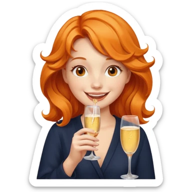 A shy young woman with orange wavy hair gently takes her first small sip of champagne, smiling with excitement. sticker