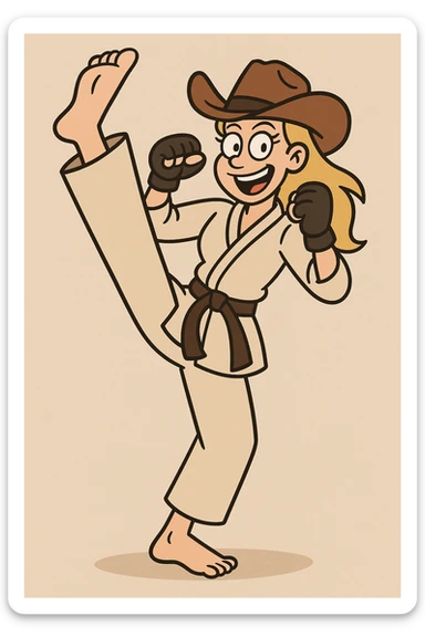 karate cowgirl, high kick, cowboy hat tilted, martial arts gloves, smiling sticker