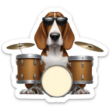 basset hound with sunglasses and playing the drums sticker