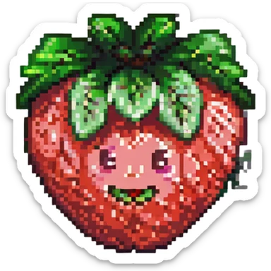 chibi style pixel art strawberry with happy face sticker