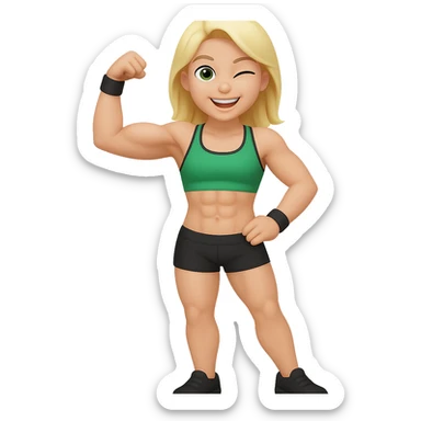 Create a full body pose of a muscular white girl with blonde hair and green eyes, flexing 6 pack abs and one arm bicep, smiling and winking. The style should resemble emoji style. Remove the background completely. sticker
