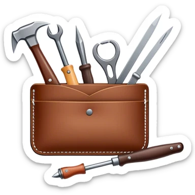 Leatherworking icon, piece of raw leather being crafted into a leather wallet or belt, professional tools like leather stitching awl, edge beveler, hammer, prying tool, minimalistic style, clean lines, transparent background. sticker