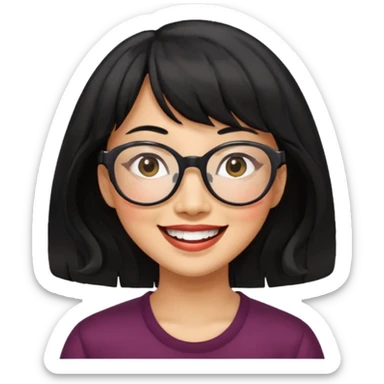 40 yr old asian woman wavy black hair bangs big glasses big smile tanned skin sticker