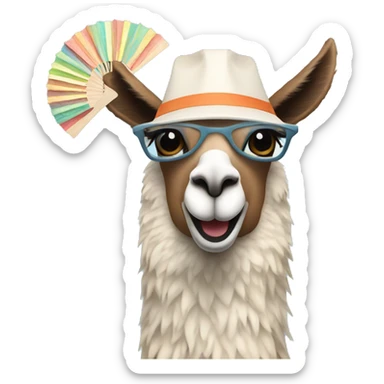 llama cooling off with a paper fan sticker