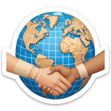 instead of two hands holding a globe, we have two hands handshaking in front of a globe. And in the background, we can see that the globe has a bandage or something.  sticker