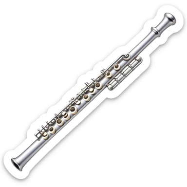 Create an elegant and refined emoji representing a classical silver flute. The design should showcase the sleek, polished silver body of the flute with its keywork and tone holes clearly visible. Highlight the smooth, straight shape of the instrument with subtle light reflections on its metal surface. The keys should be delicately detailed, with their small, round pads visible. Add a slight shine to the flute’s surface to reflect its high-quality craftsmanship. Optionally, include subtle musical notes floating around the flute to evoke its light, melodic sound. The background should be transparent. sticker