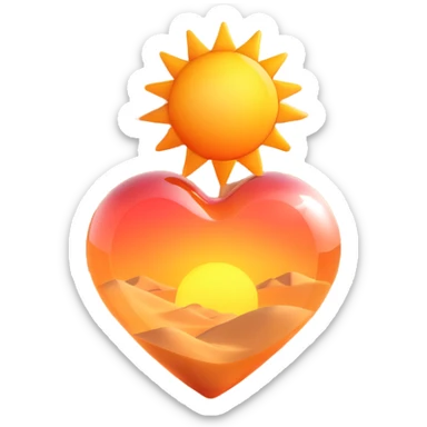Add a realistic sun inside the glass heart, above the desert sand dunes, keep the glass look and no vegetation, 3D emoji style, with no background sticker