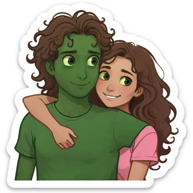 couple cuddling. Girl with dark skin, brown eyes, waist length long curly hair, wearing a pink top. Guy with white skin, green eyes buzz cut, in a white T-shirt. He hugs her from behind. sticker
