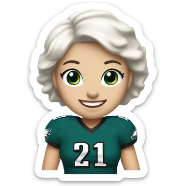 White female with light skin, short white hair with blue eyes wearing Philadelphia Eagles jersey cheering  sticker