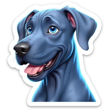 Cinematic Comical Blue Great Dane Portrait Emoji, Head tilted dramatically with an exaggeratedly amused expression, featuring a striking blue Fur with a glossy finish, wide, expressive steel-blue eyes filled with playful disbelief, Simplified yet hilariously expressive features, highly detailed, glowing with a slightly sassy glow, high shine, dramatic yet playful, stylized with an air of cheeky charm, bright and endearing, soft glowing outline, capturing the essence of a spirited and over-the-top guardian, so meme-worthy it feels like it could side-eye its way into internet fame instantly! sticker