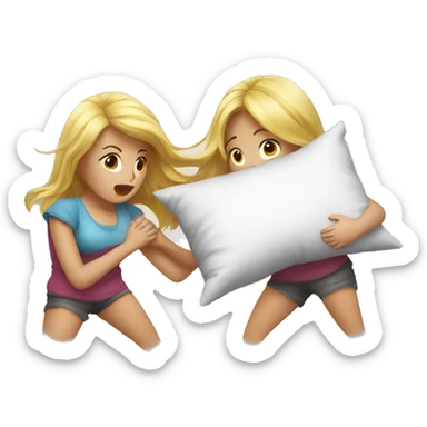 Two girl friends fighting with pillow sticker